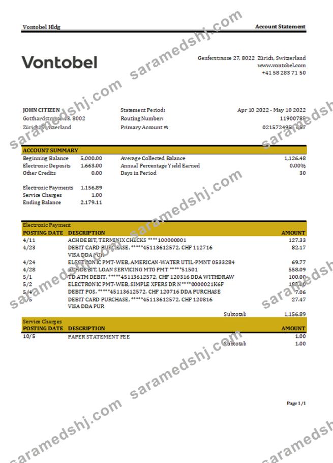 Switzerland Vontobel bank statement, Excel and PDF template
